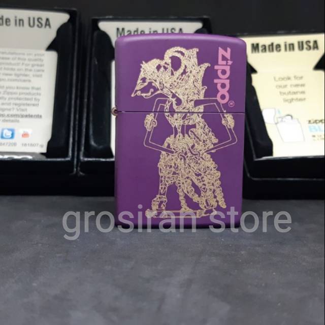 Zippo wayang custom logo tulisan nama ukir grafir ungu