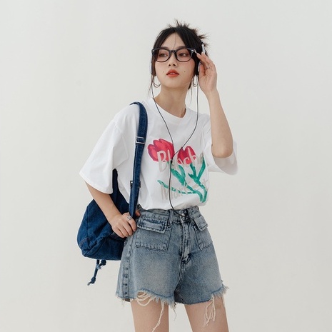 kaos atasan wanita/korean style import motif flower t shirt/kemeja wanita putih