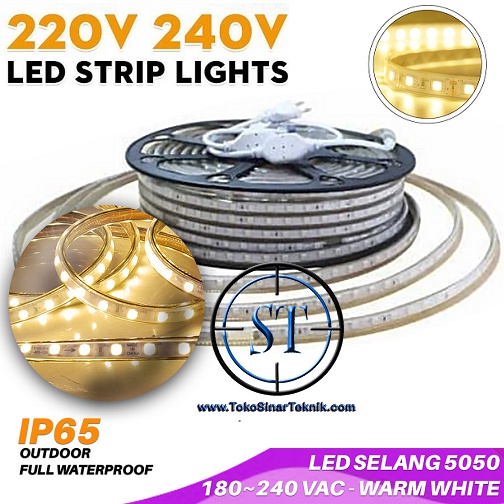 Lampu Led Strip Selang WARM WHITE SMD 5050 Panjang 1-5 Meter In Ac 220V Warna Kekuningan Cocok Indoor - Outdoor Lampu Hias Taman Plafon Rumah Waterproof