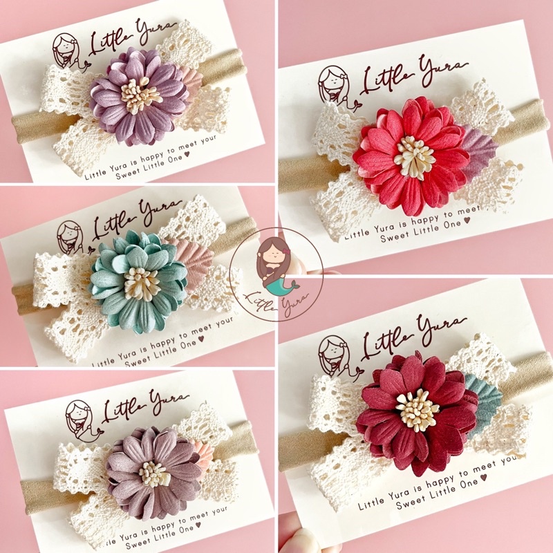 LITTLE YURA - Bunga Renda Headband (5 Warna) / Bandana Bayi / Newborn Headband Nylon Baby / Pita Bayi dan Anak / Aksesoris Bando Anak