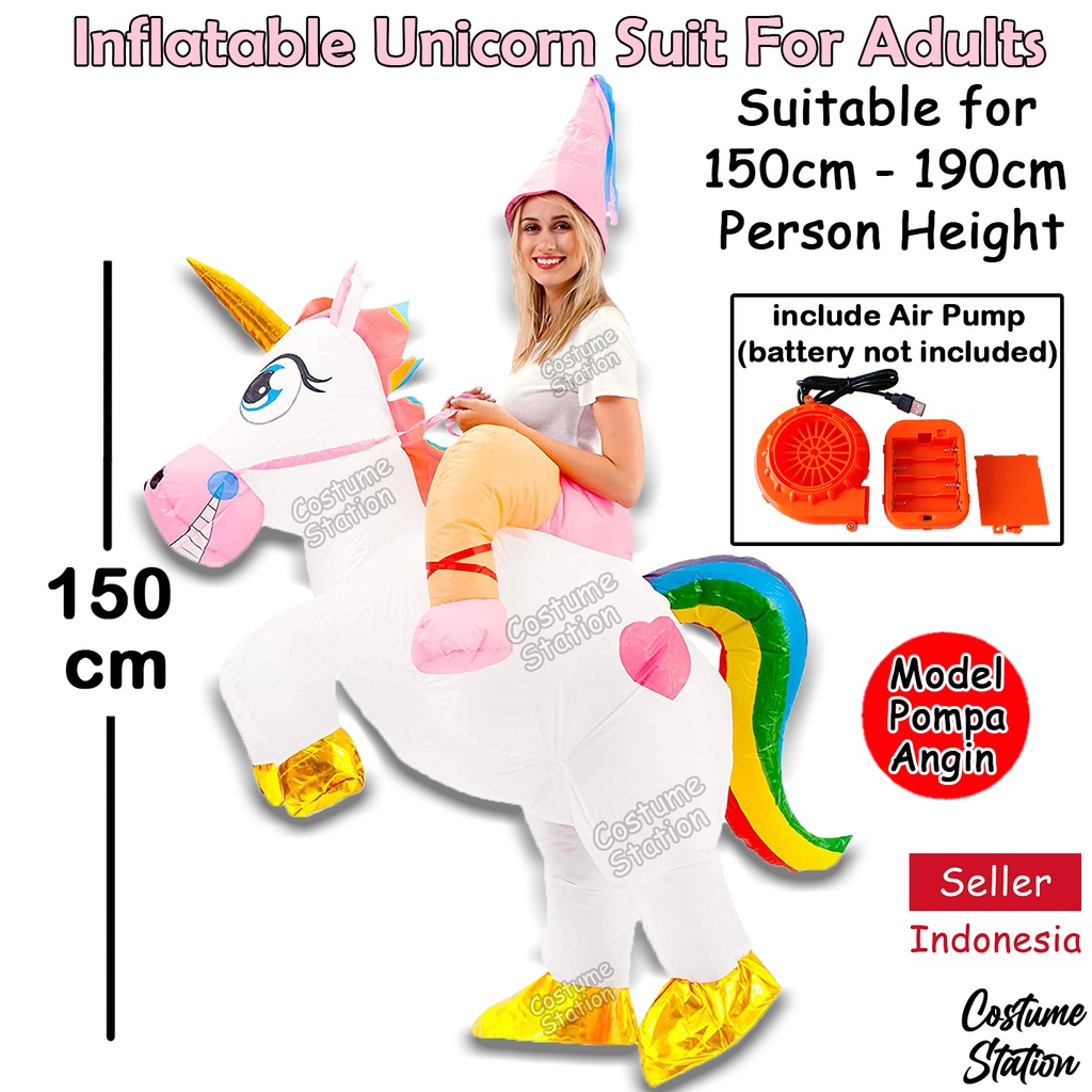 Kostum Unicorn Rainbow Back Ride / Costume Kuda Poni Pegasus Inflatable pompa angin dewasa