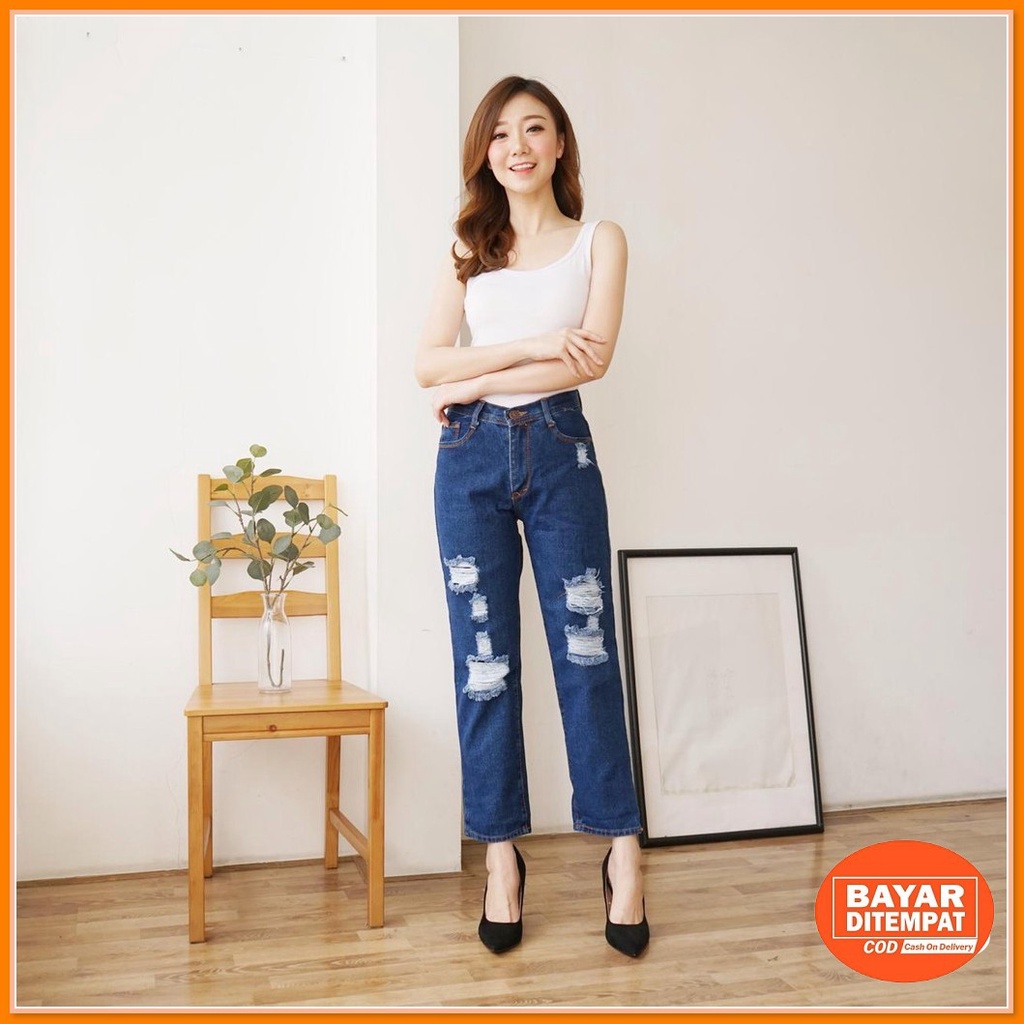 Aestri Celana Jeans Wanita Panjang Lilac Ungu Putih Straight Hita IN317 Fwr - Celana Jeans Boyfrie