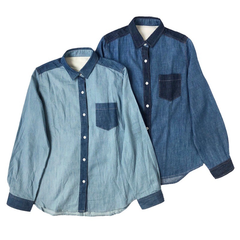 Kemeja Denim Jeans Wanita Color Block Lengan Panjang Korea Import