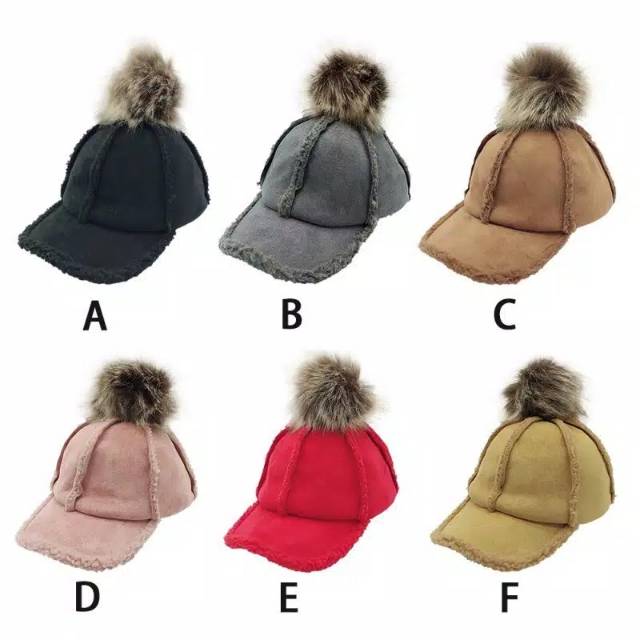 KIDS WINTER SUEDE POMPOM BASEBALL CAP TOPI ANAK MUSIM DINGIN DENGAN BULU