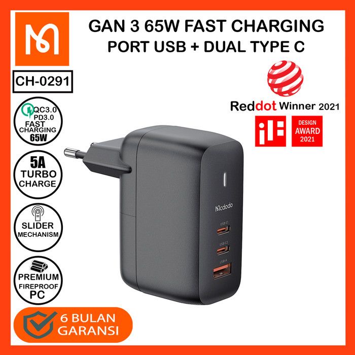 MCDODO CH-0291 Adapter GAN 3.0 65W Mini PD - Dual Type C + USB - Garansi Resmi 6 Bulan