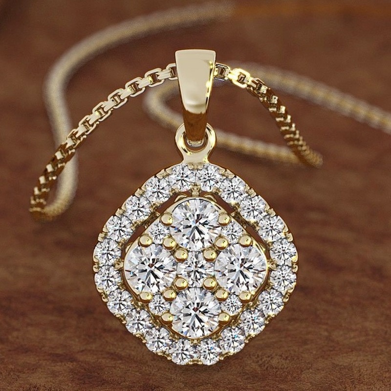 [Ready Stock]Fashion 18K Gold Plated Classic Square Full Diamond Pendant Necklace