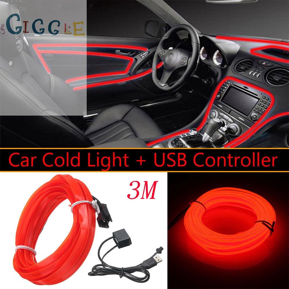 3m 5v Red Neon Led Light Glow El Wire String Strip Rope Tube Car Interior Decor