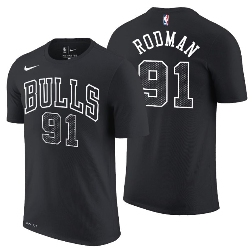 T shirt Kaos Baju Basket Nike NBA Chicago Bulls No 91 Dennis Rodman Black Essential