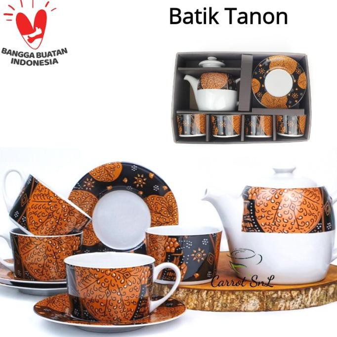 Cangkir Teh Set + Teko Tutup Keramik Motif Batik TANON KOPIN