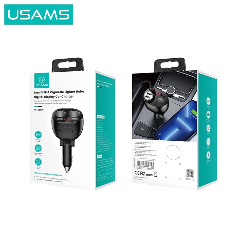 USAMS C16 Dual USB &amp; Cigarette Lighter Holes Digital Display Car Charger 96W Max