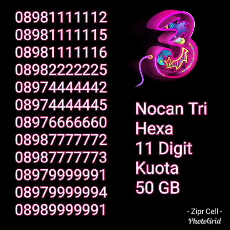 Nocan Nomor Cantik Hexa 11 Digit Kartu Perdana Tri 3 Kuota 50GB Golden