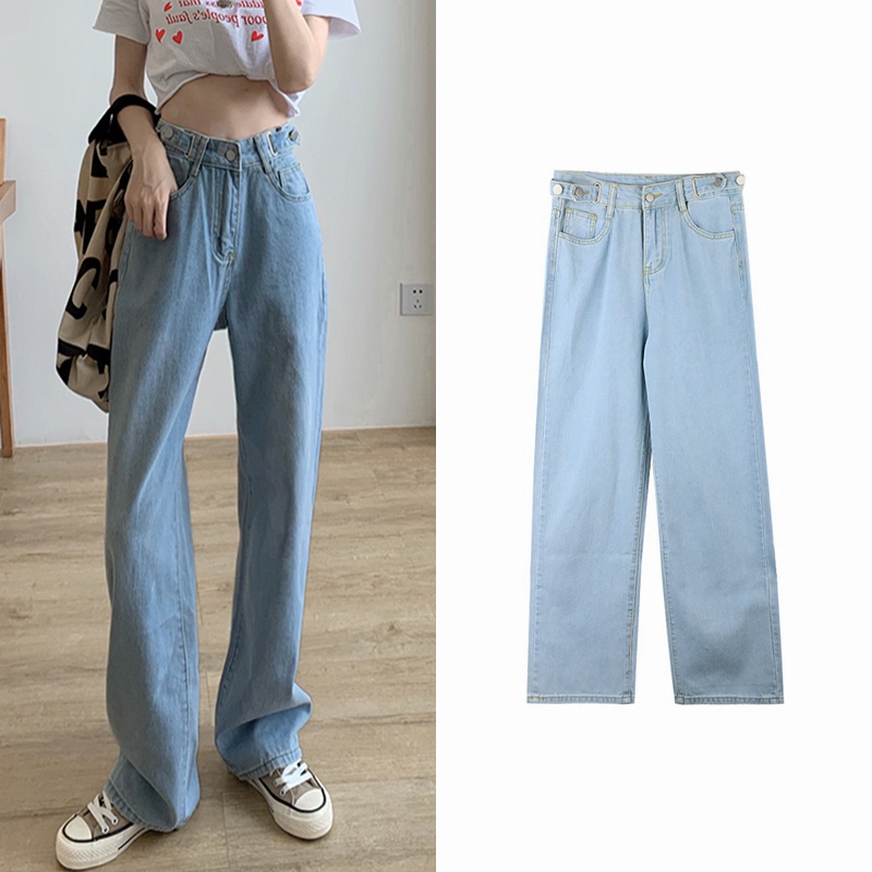 New Korean retro high-waist loose jeans straight-legged wide-legged celana panjang Wanita