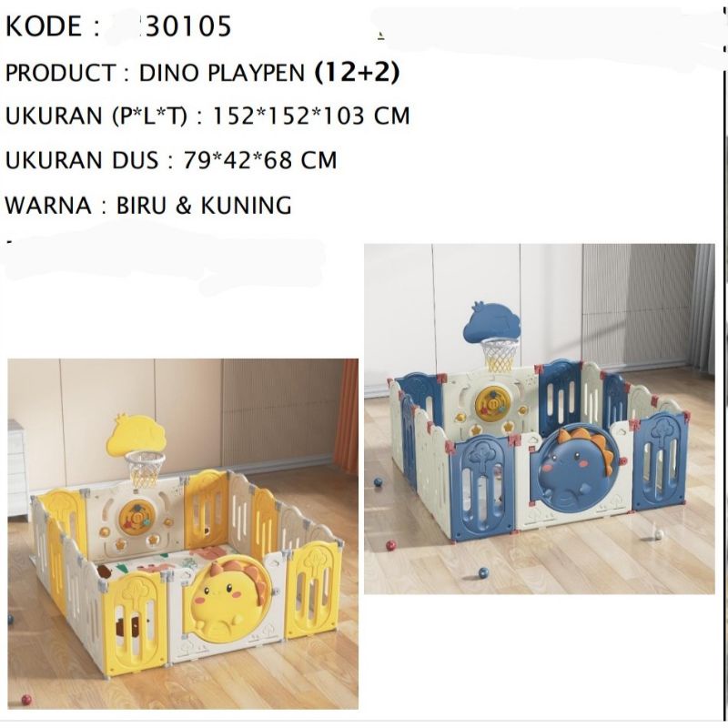 PAGAR MAINAN ANAK 12+2 FREE RING BASKET DINO PLAYPEN