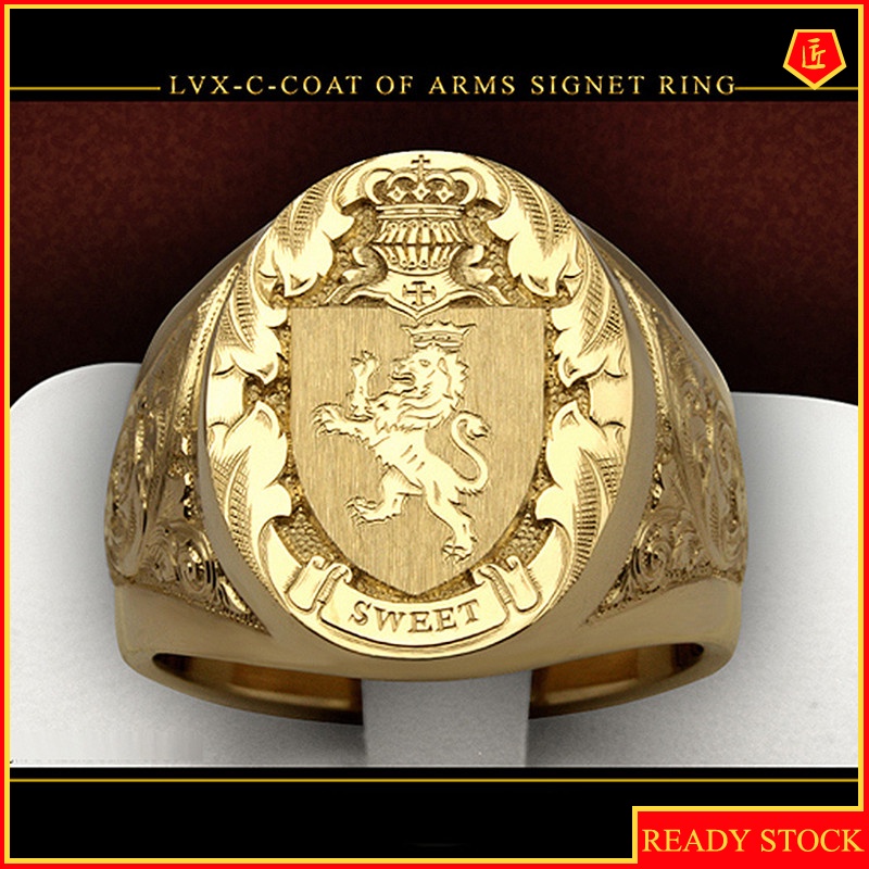 [Ready Stock]Men's 18K Gold Lion Shield Badge Ring