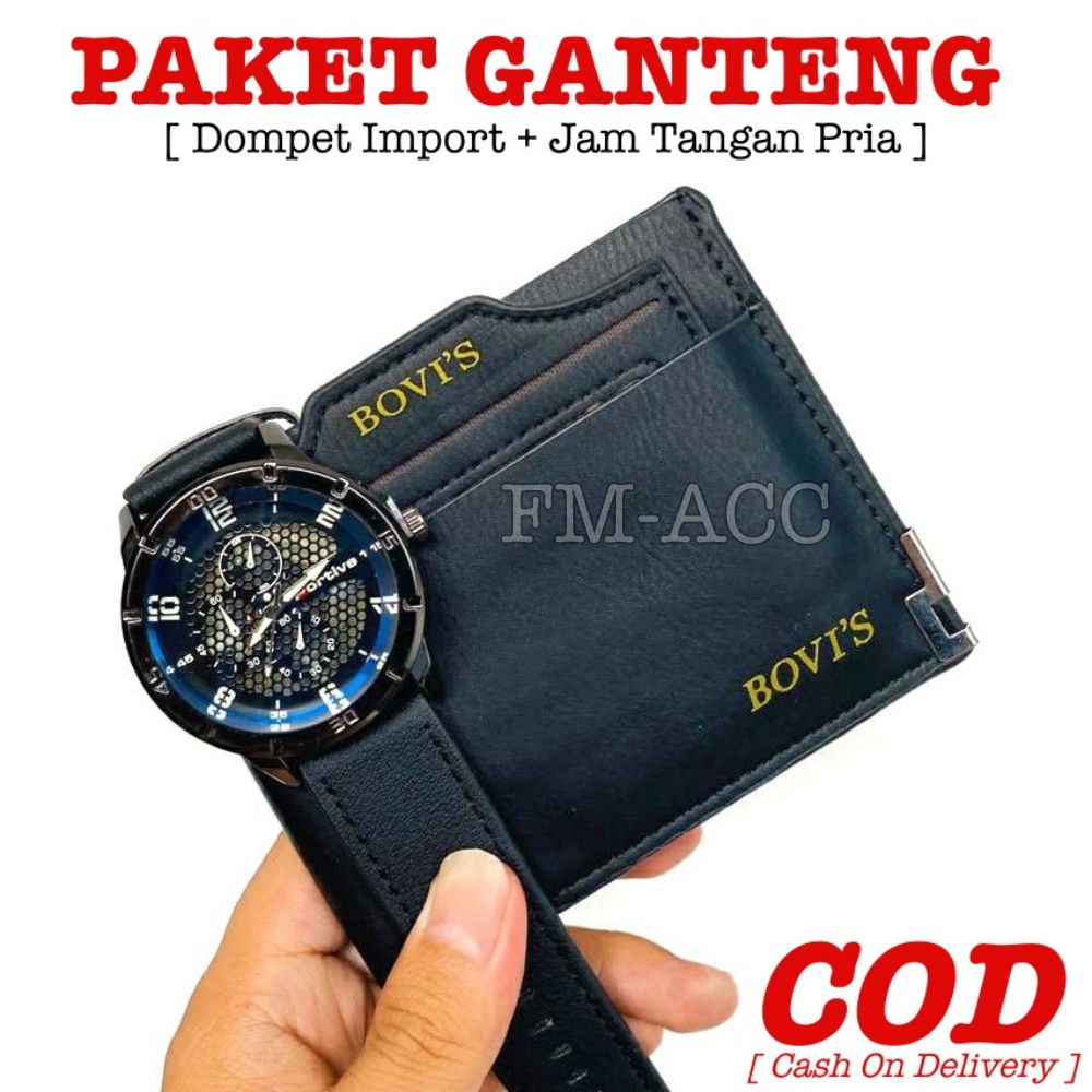 [ PAKET KEREN ] Dompet Kulit Pria IMPORT Murah &amp; Terbaru + GRATIS Jam Tangan Pria - HITAM