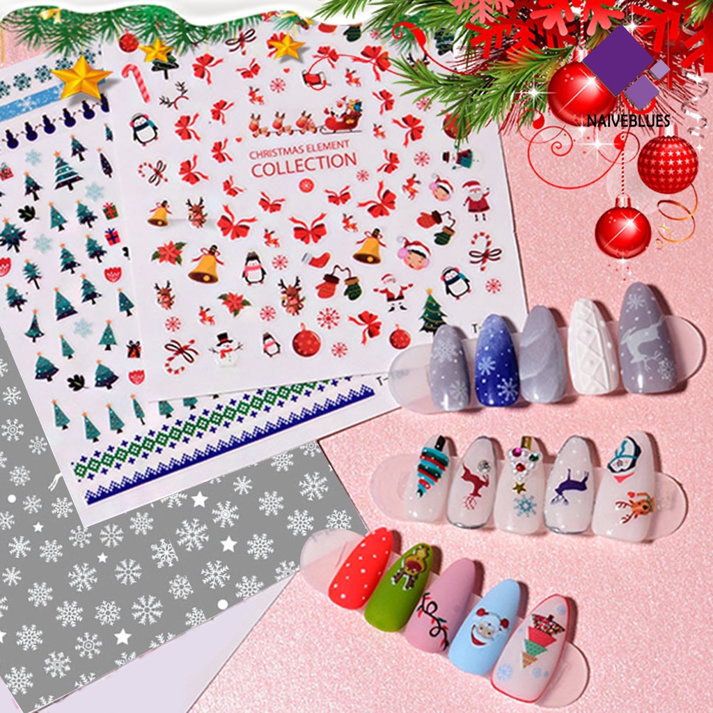 Naiveblue &gt; 2Pcs / Set Stiker Decal Motif Kartun Natal Ultra Tipis Anti Air Untuk Dekorasi Nail Art