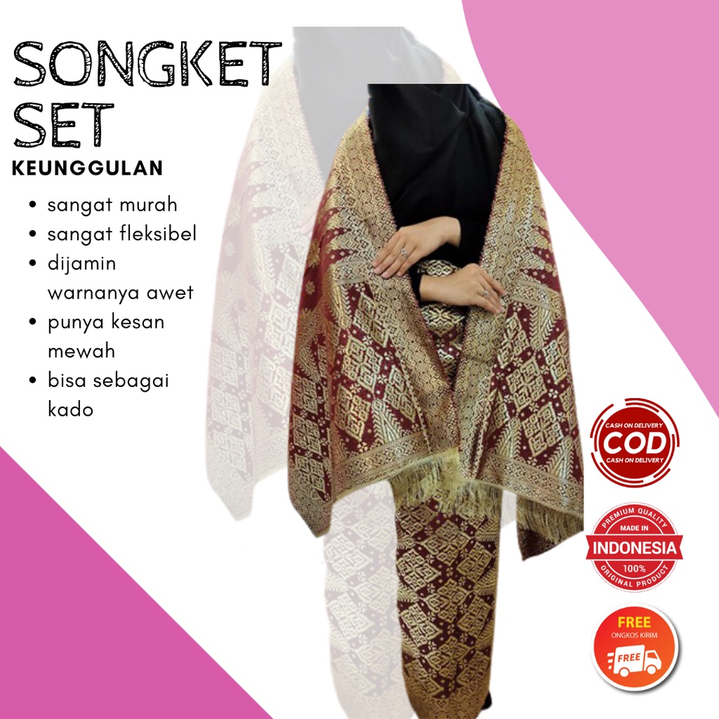 Kain Songket Khas Palembang Set ATBM Cantik Manis Warna Merah Maroon Siap Pakai