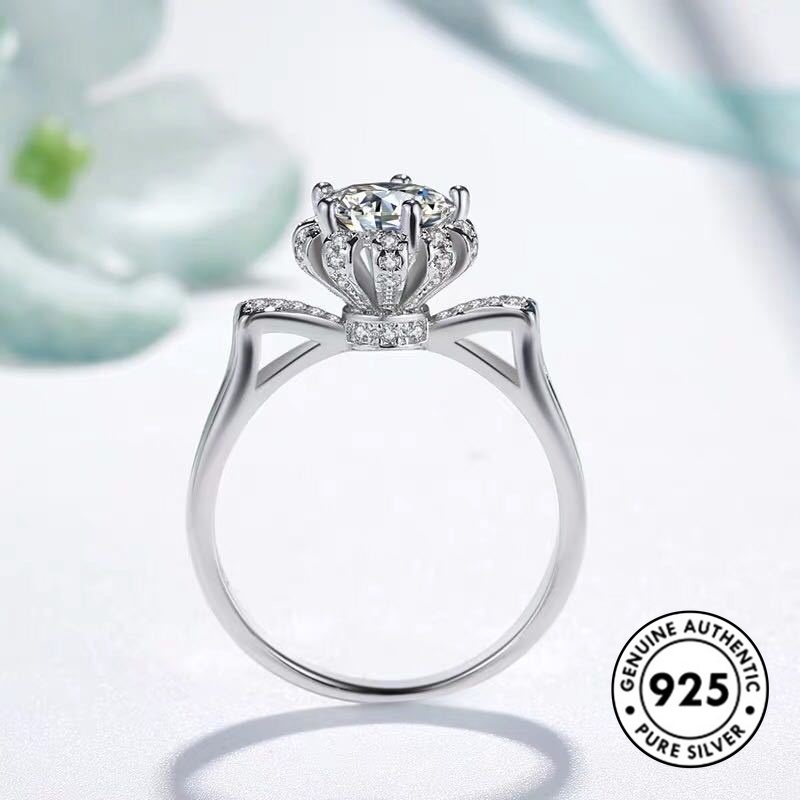 Cincin Sterling Silver 925 Desain Telinga Kucing + Bunga Hias Berlian Imitasi Untuk Wanita