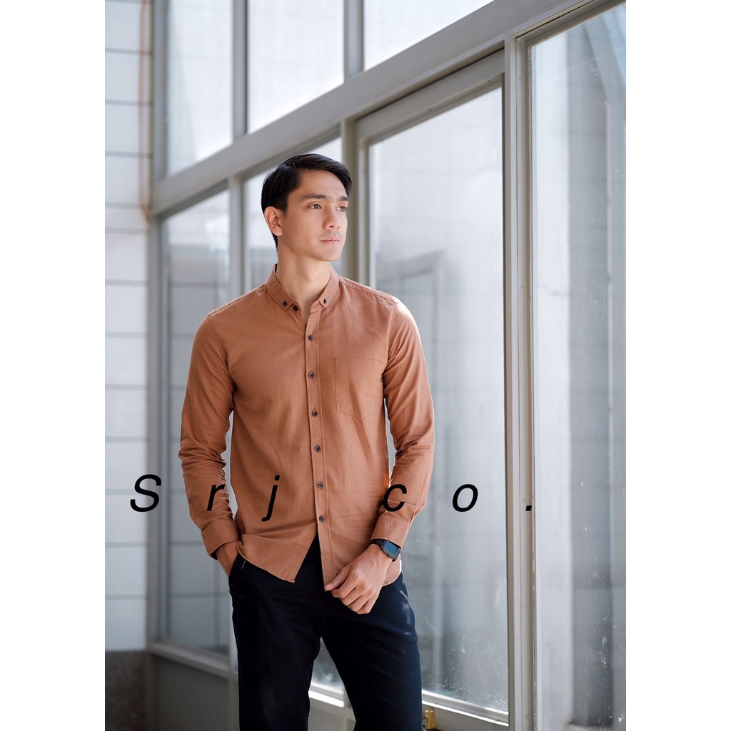 kemeja cowok polos lengan panjang hem pria kantor coklat