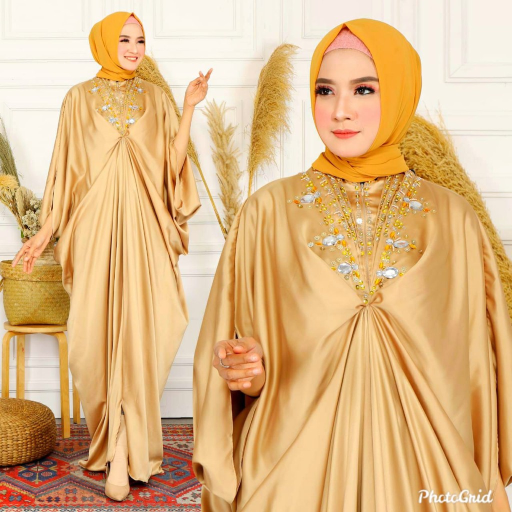 HOPYLOVY Kaftan Wanita Kombinasi Permata Mewah Halimah / Baju Lebaran 2021 Kekinian