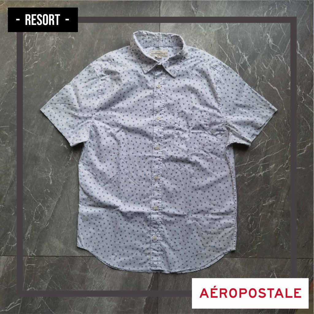 Kemeja Pria AEROPOSTALE Lengan Pendek Putih Motif Biru Pink