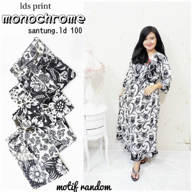 longdress batik panjang serut  menyusui lengan panjang monochrom