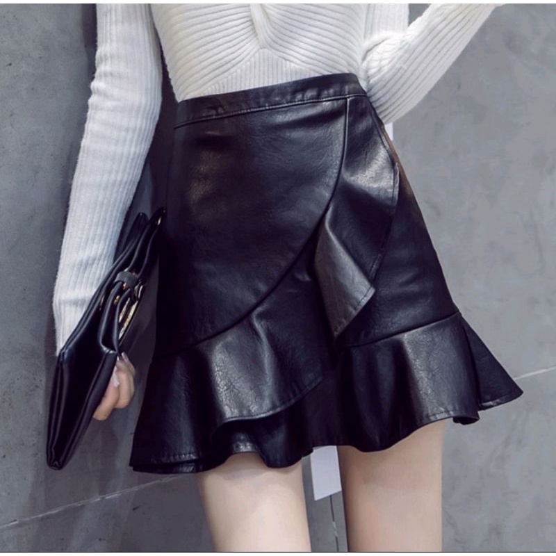 Rok kulit wanita renda Hitam