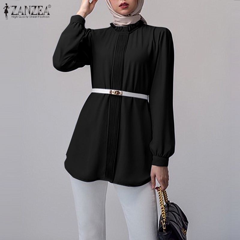 ZANZEA Retro Women Tops Blouse Muslim Solid Full Sleeve O Neck Casual Loose Holiday Office Shirt