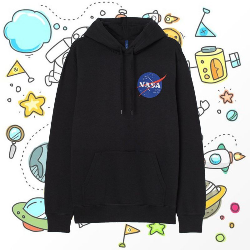 Hoodie Jaket Sweater Crewneck Pria Wanita HnM H&amp;M Nasa World Black / Nasa Scientific / Nasa Space Travel Hitam Full Tag