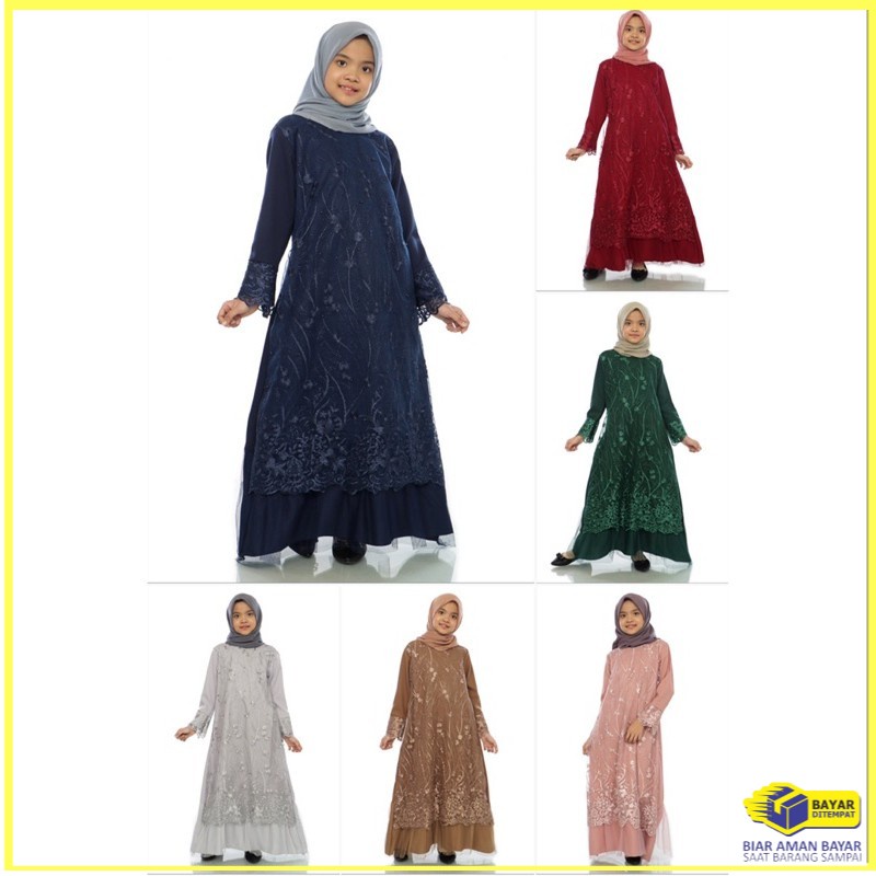 Gaun GAMIS MAXI BRUKAT BROKAT DRESS DRES ANAK PEREMPUAN CEWEK MUSLIM USIA TANGGUNG 9 - 12 th BORDIR