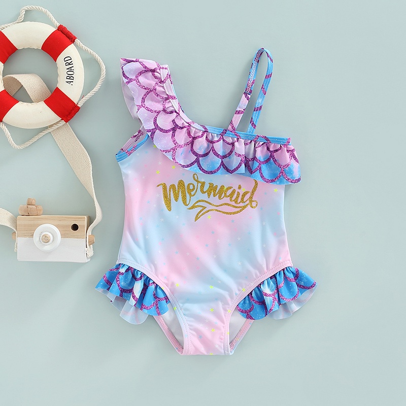 Baju renang motif huruf perunggu tali asimetris hiasan Ruffle skala ikan Bikini satu potong anak per