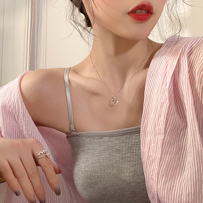 Papaozhu Korea s925 Perak Zirkonia Berongga Jantung Kalung Untuk Wanita Gadis Chic Fashion Cinta Pesona Kalung Perhiasan Hadiah