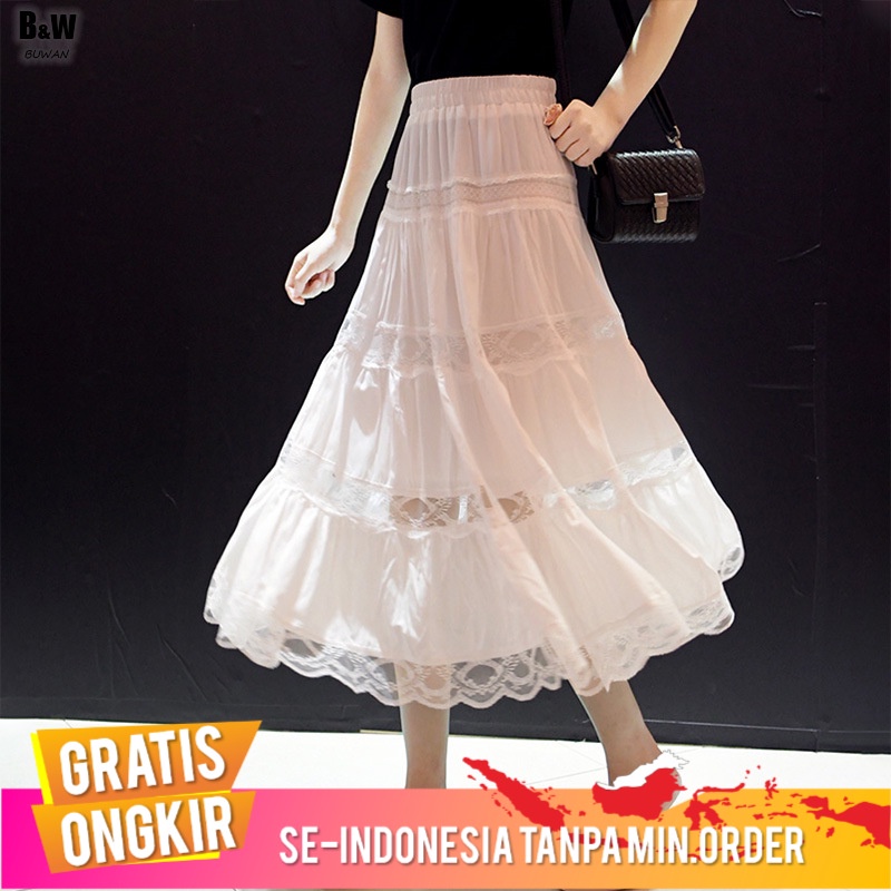 Rok Wanita Lebar 3 M Hem Renda Rajutan Rok 2021   Mesh Jahitan Gaun Panjang Putih Kue Anggun