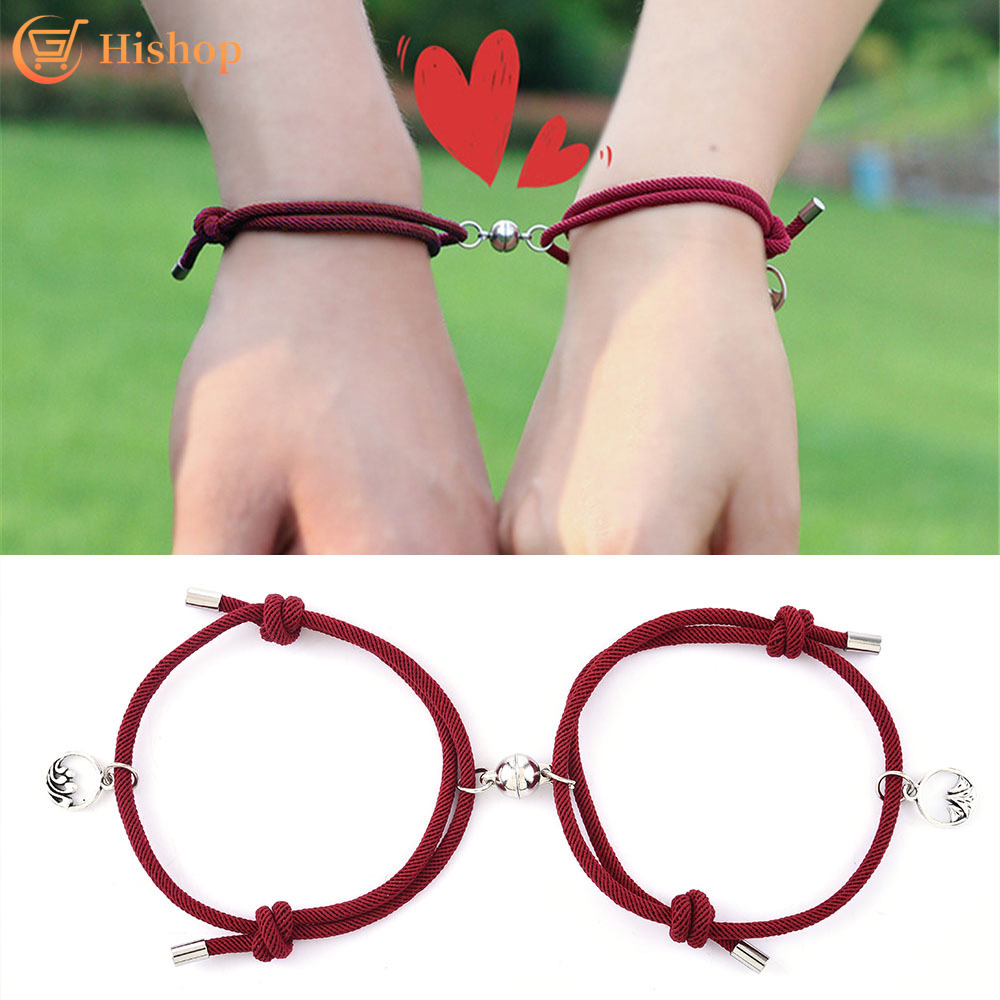 2 Pcs Gelang Magnet Couple Gelang etnik bead Tali Attract Braided Bracelet/Friendship Rope Chinese Idioms Wrist Chain Jewelry