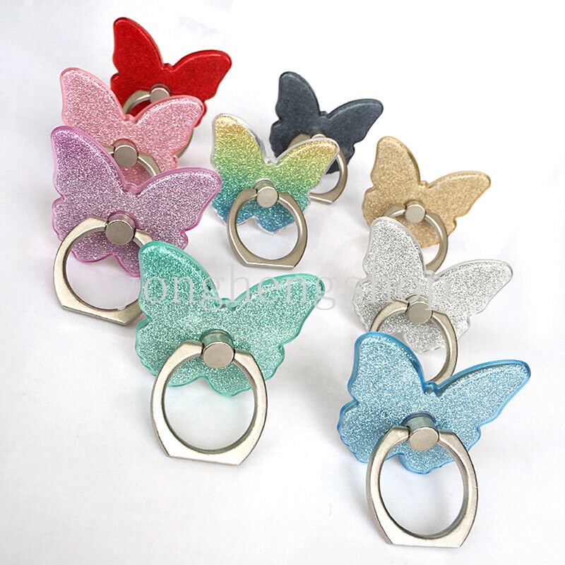 Butterfly Ring Holder Hp Universal Bentuk Kupu-Kupu Aksen Glitter