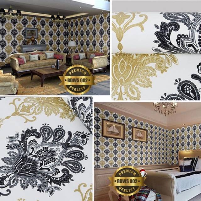 WALLPAPER STIKER DINDING.CORAK BATIK GOLD HITAM DASAR PUTIH.SAMA GOLD HITAM