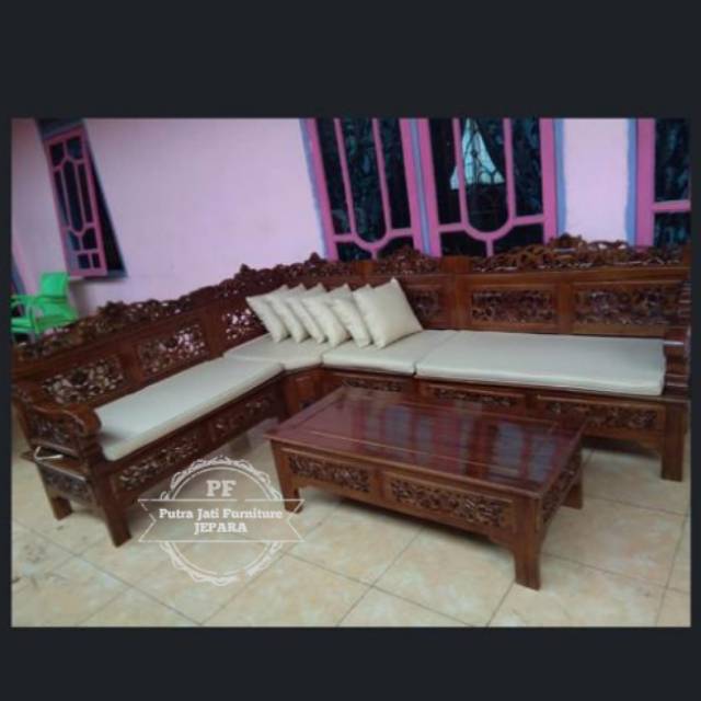 Meja kursi tamu jati + busa - kursi sudut/ sofa pojok ukir Jepara