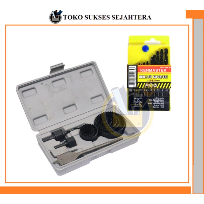 PAKET Holesaw Hole Saw Kit Set 13 Pcs Mata Bor Pelubang Kayu + Mata Bor Besi Kayu Set 13 Kenmaster