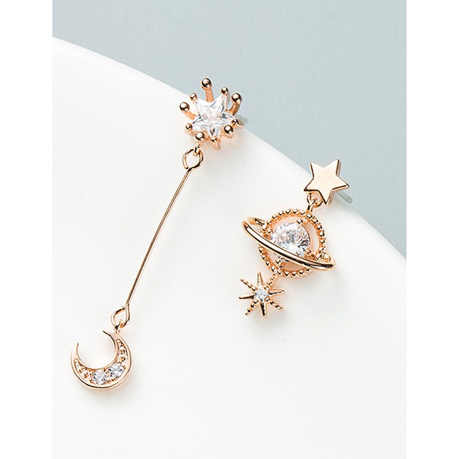 LRC Anting Tusuk Fashion Gold S925 Silver Needle Asymmetric Star And Zircon Stud Earrings F52412