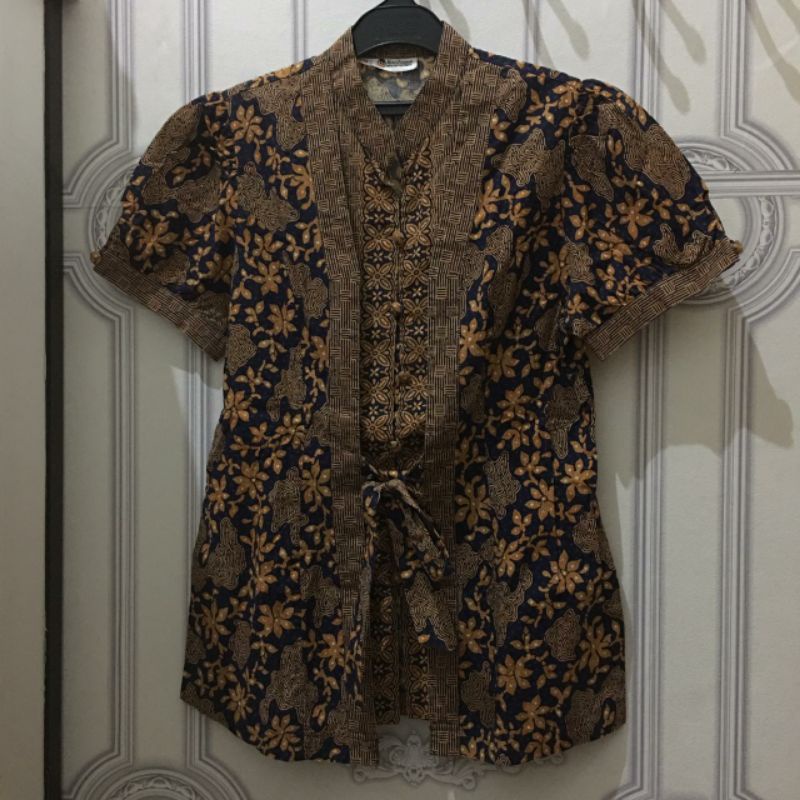 Batik Keris Fashion Original / Atasan Blouse Kemeja Cokelat Wanita Lengan Pendek Size M