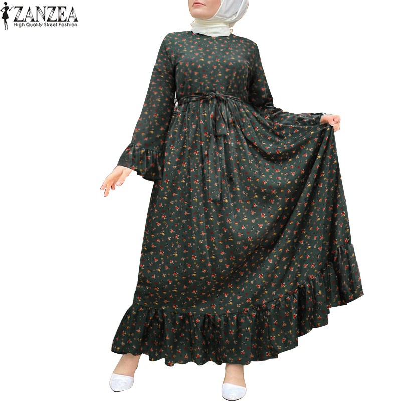 ZANZEA Women Casual Long Sleeve Floral Printing Muslim Long Dress