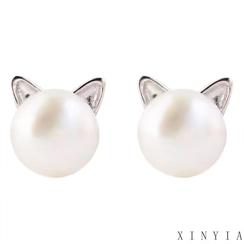 【Bayar di tempat】Anting Stud Desain Telinga Kucing Aksen Mutiara Imitasi Bahan 925 Silver Untuk Wanita