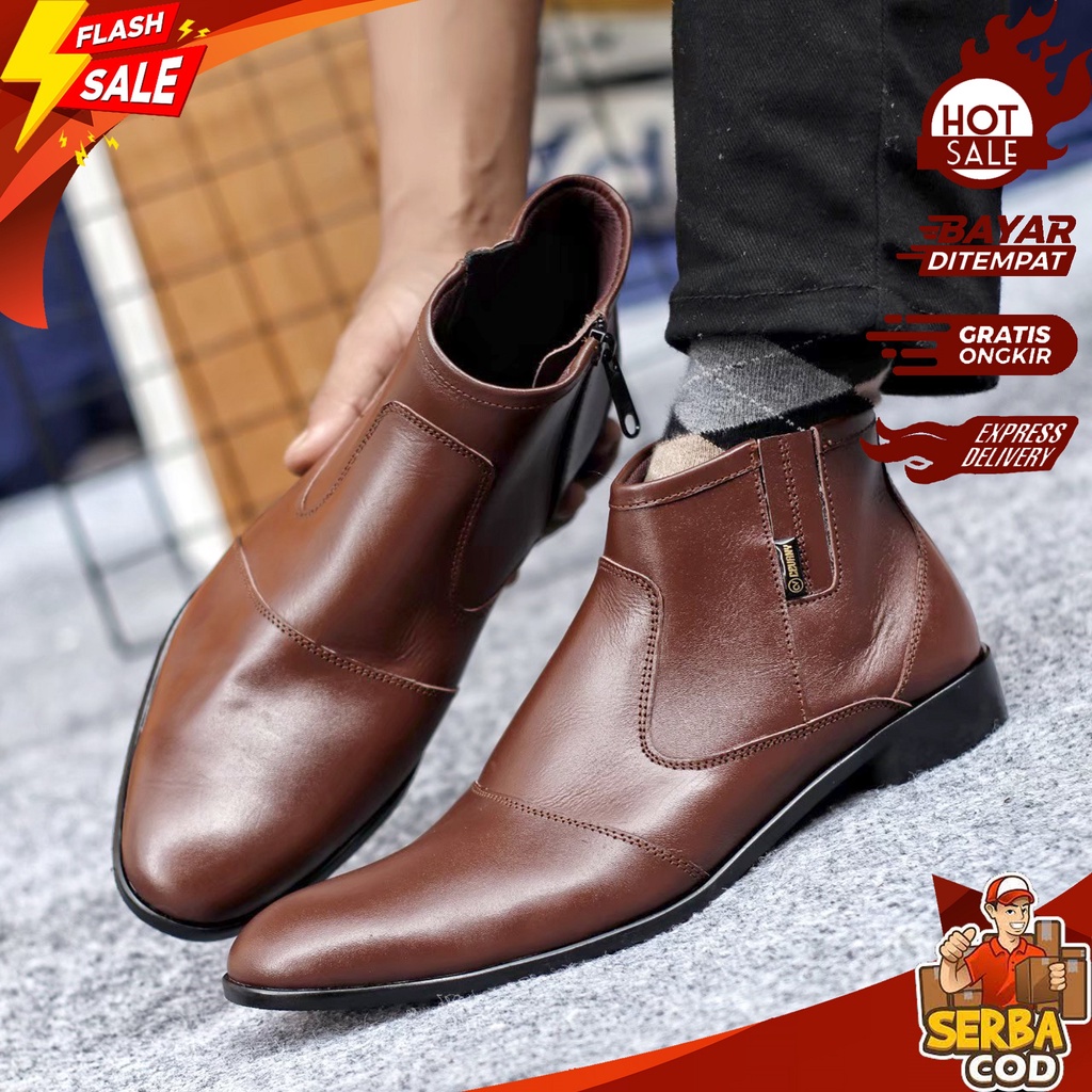 FOX 027 - Sepatu Bot Pria Casual Zipper/Resleting Kulit Asli Original - Sepatu Pantofel Tinggi Laki 