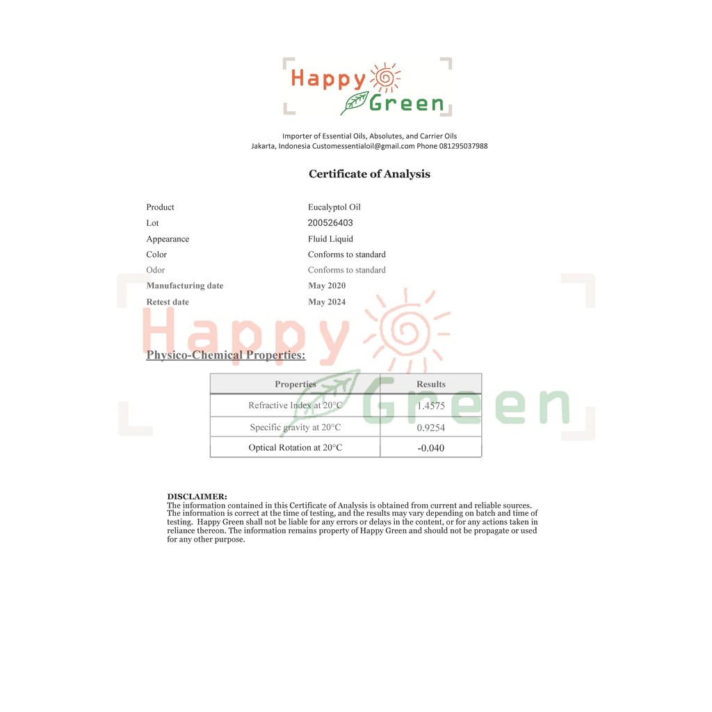 Happy Green Eucalyptol Natural Oil - Minyak 1,8 - Cineole Alami Cineol