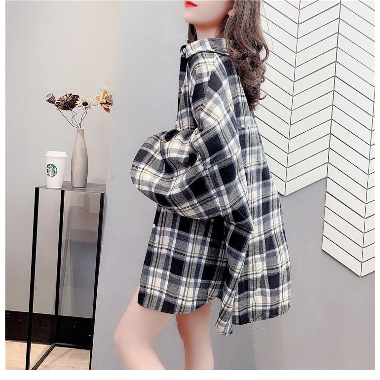 Import Korean Style Kotak Kotak Blouse Wanita/vintage Model Longgar Kemeja Wanita