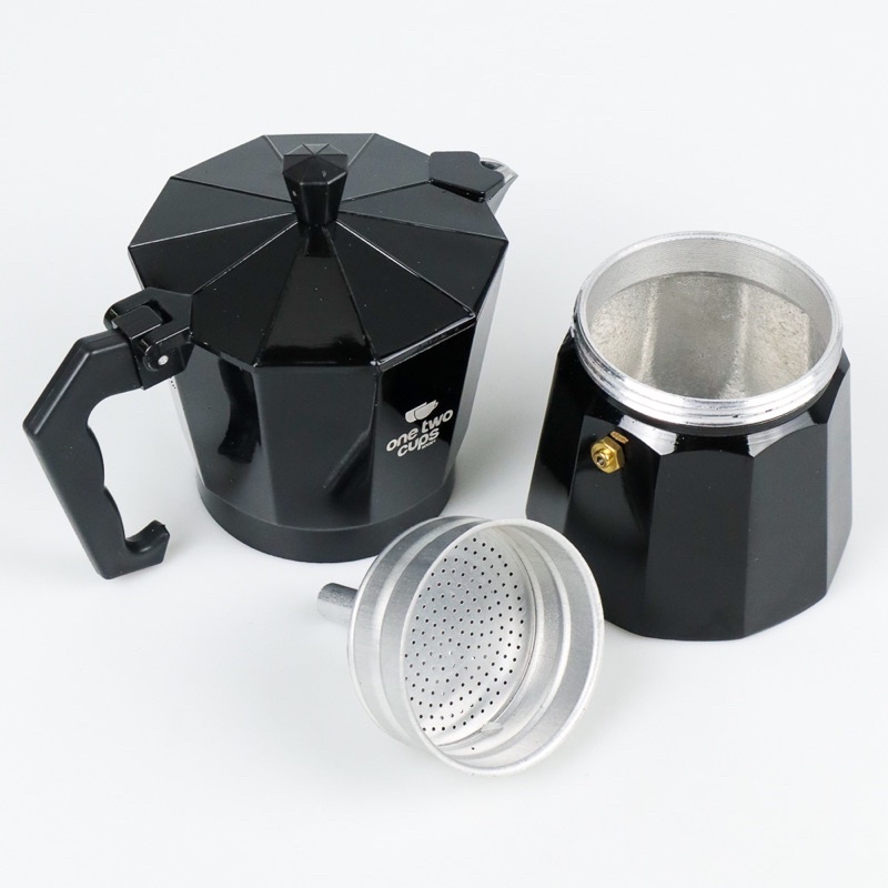 One Two Cups Espresso Coffee Maker Moka Pot Teko Stovetop Filter 300ml 6 Cups - MX001 - Black