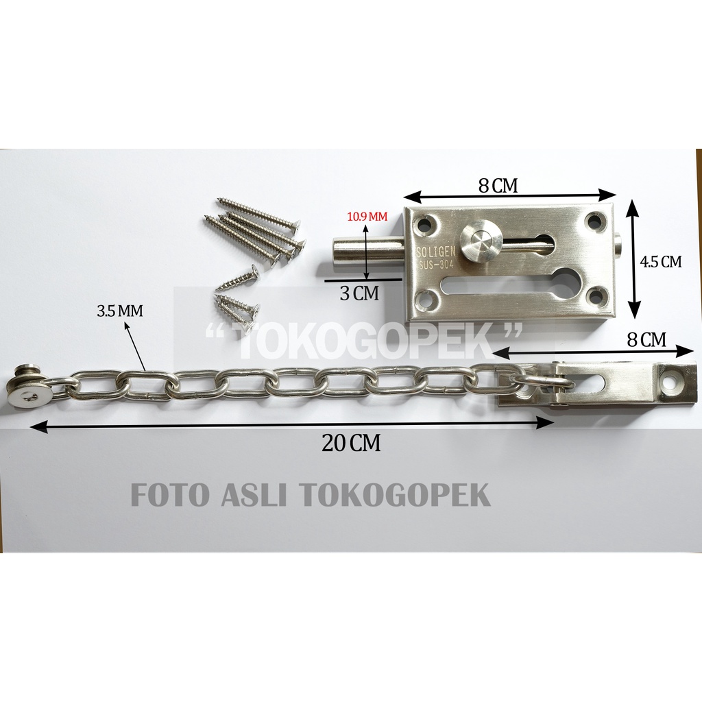 SOLIGEN SUS304 GRENDEL RANTAI FULL STAINLESS - SELOT PINTU 4&quot; INCH