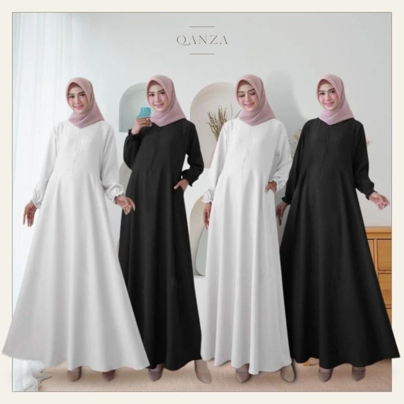 dress gamis hitam putih polos longdress long dress busui retsleting depan