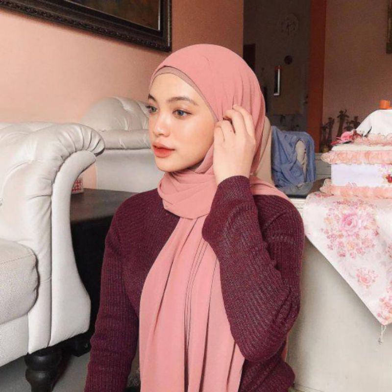Pashmina Inner 2 in 1 Premium Pashmina Ceruty Babydoll Viral Best Seller Dusty Pink