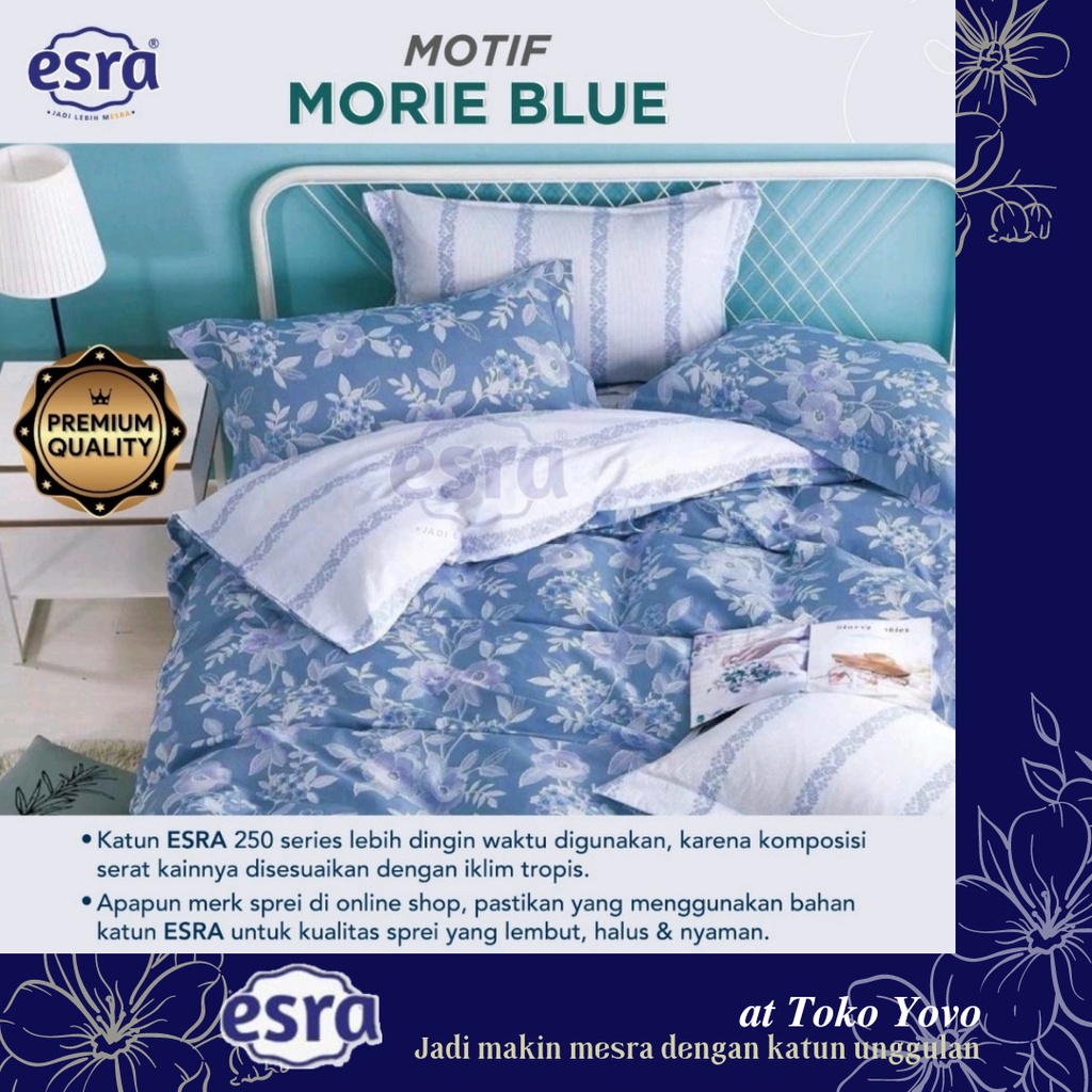 Sprei Katun Halus Esra Morie Blue Bunga Daun Biru Putih White Seprei